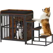 Rustic Brown Wooden Indoor Dog Crate with Double Doors & Cushion – Furniture-Style Bed for Small/Medium Dogs
