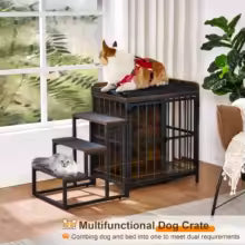 Rustic Brown Wooden Indoor Dog Crate with Double Doors & Cushion – Furniture-Style Bed for Small/Medium Dogs
