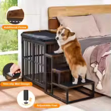 Rustic Brown Wooden Indoor Dog Crate with Double Doors & Cushion – Furniture-Style Bed for Small/Medium Dogs