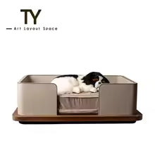 Modern Leather & Solid Wood Dog House – Semi-Enclosed All-Season Kennel for Small Pets
